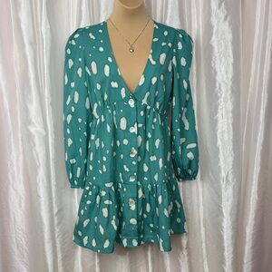 98. Boohoo Teal White Abstract Print Button Front Long Sleeve Mini Dress Size 4